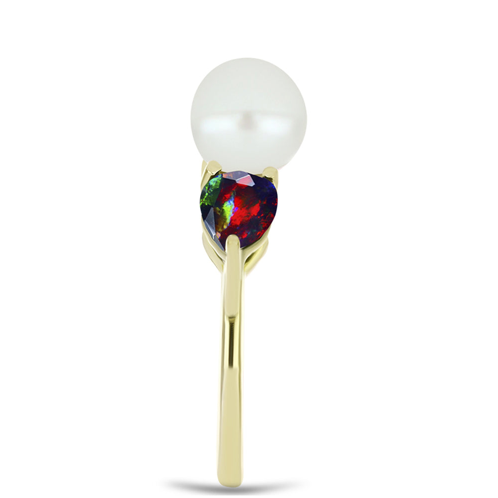 Conjunto de Plata Bañada en Oro con Ópalo negro medianoche Lega Dembi de Ëtiopía y Perla de Agua Dulce ( Pendientes +Anillo +Colgante ) 9 