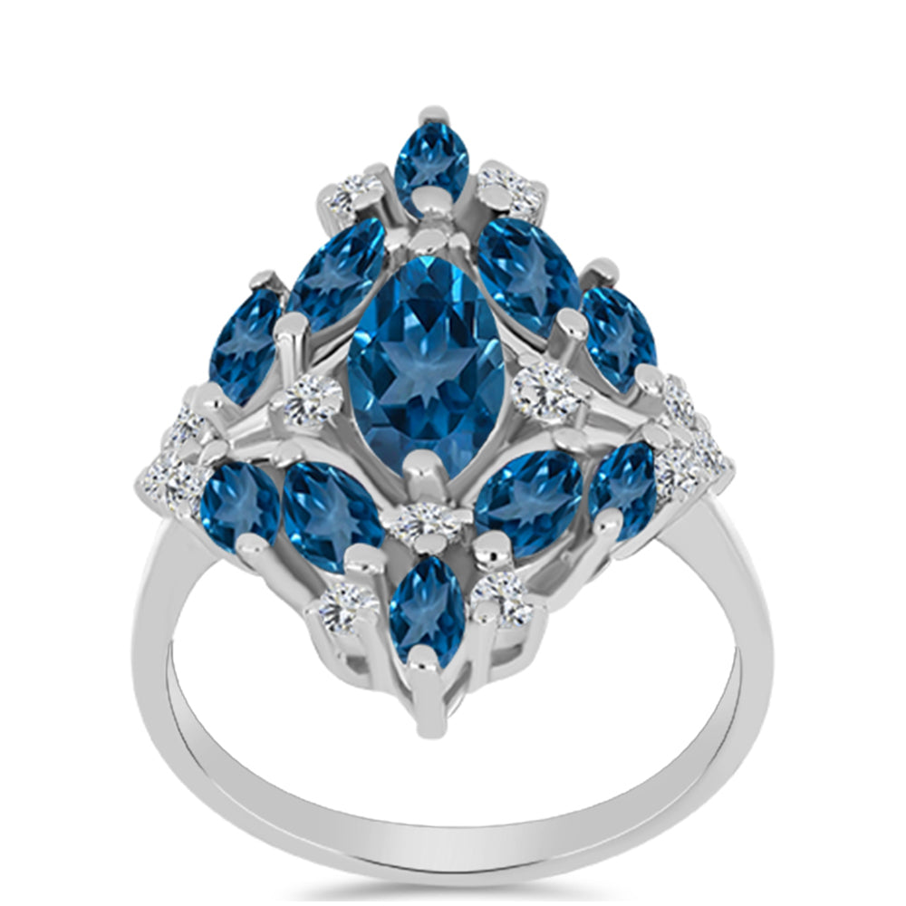 Anillo de Plata con Topacio Azul Londres y Topacio Blanco