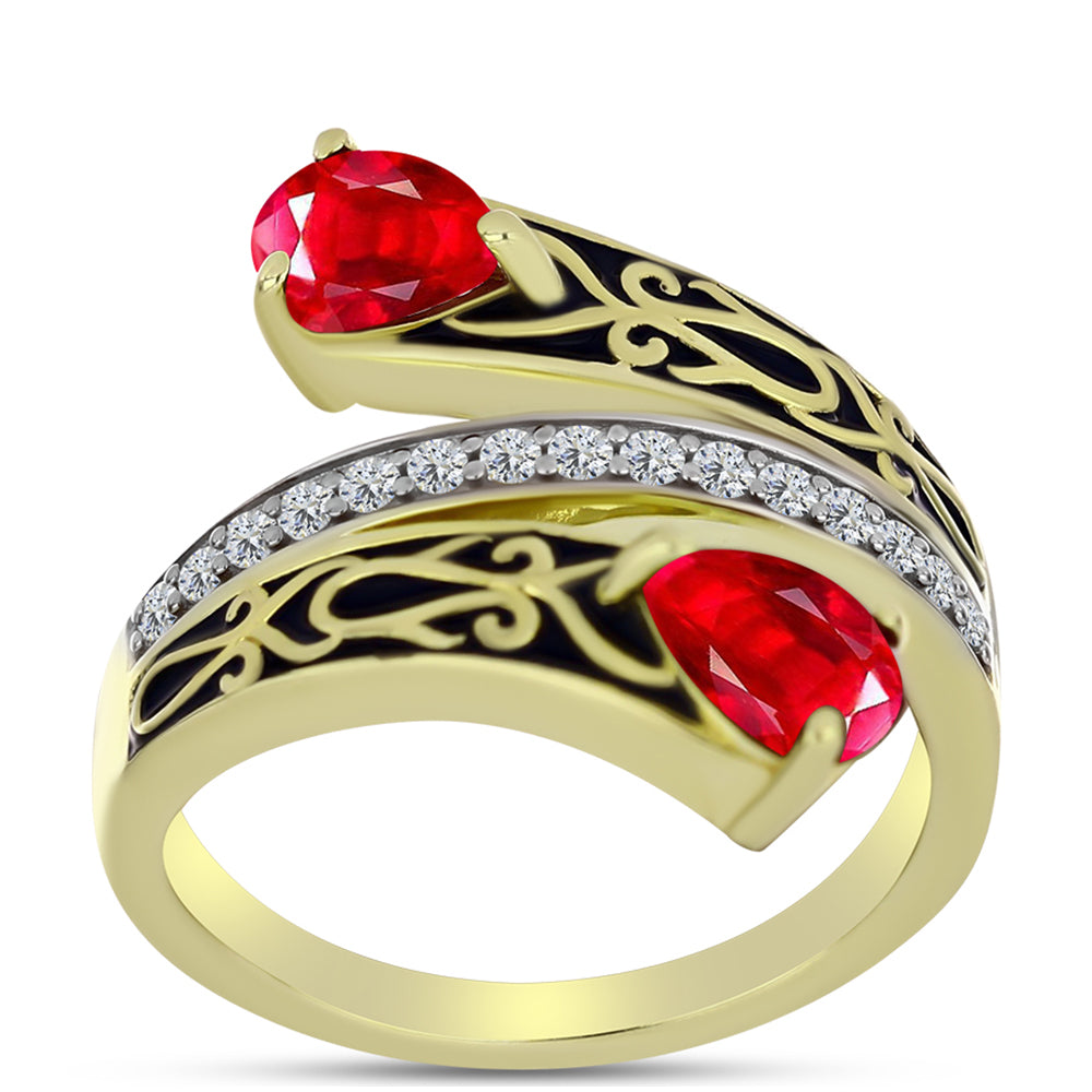 Anillo de Plata Bañada en Oro con Ágata Roja y Topacio Blanco 3 