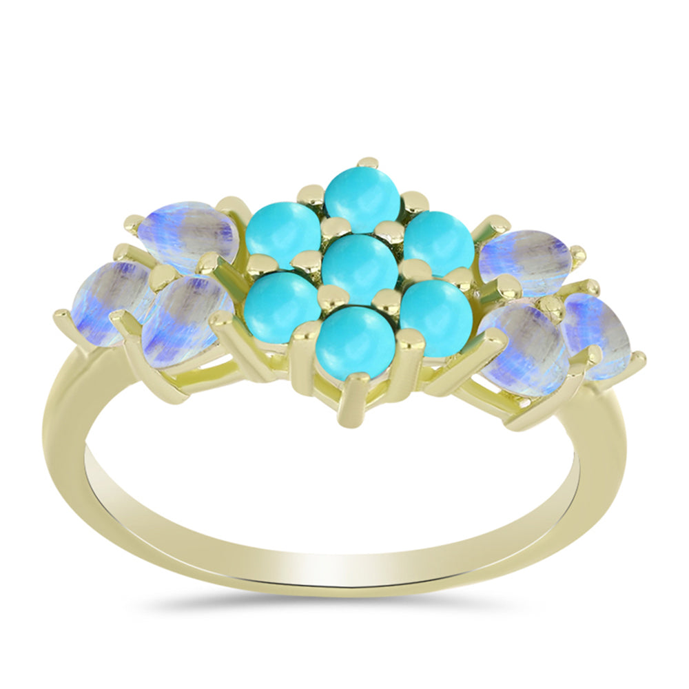 Anillo de Plata Bañada en Oro con Turquesa Bella Durmiente y Piedra Lunar Arco Iris 3 