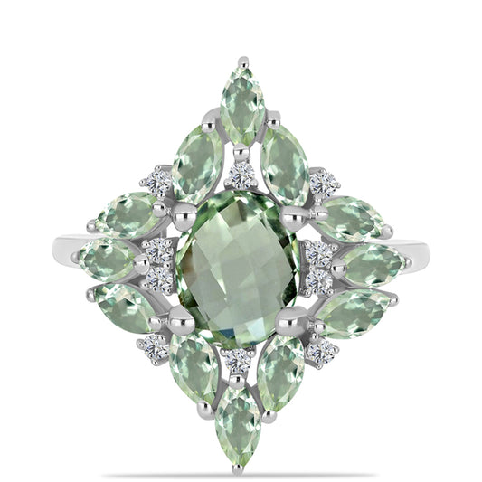 Anillo de Plata con Amatista Verde y Topacio Blanco