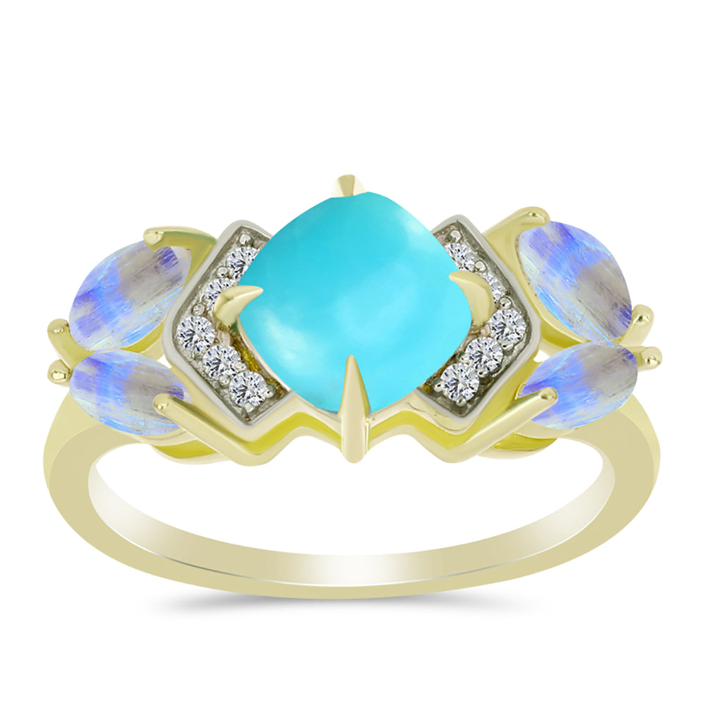 Anillo de Plata Bañada en Oro con Turquesa Bella Durmiente y Piedra Lunar Arco Iris 3 