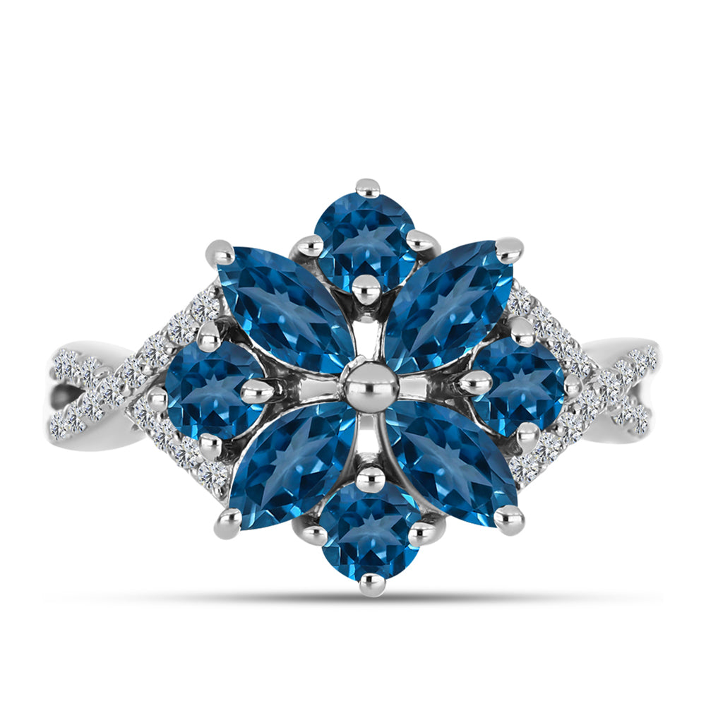 Anillo de Plata con Topacio Azul Londres y Topacio Blanco