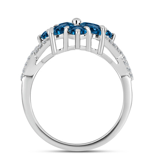 Anillo de Plata con Topacio Azul Londres y Topacio Blanco