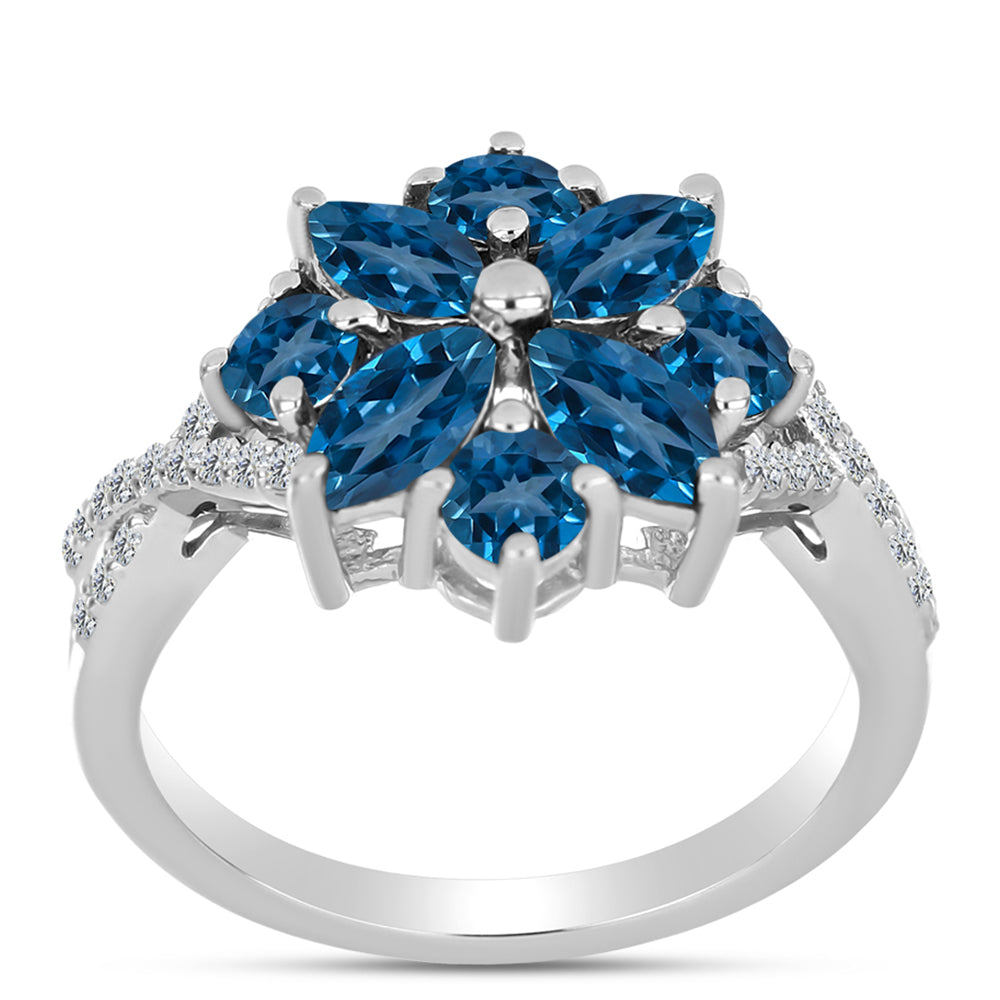 Anillo de Plata con Topacio Azul Londres y Topacio Blanco 3 