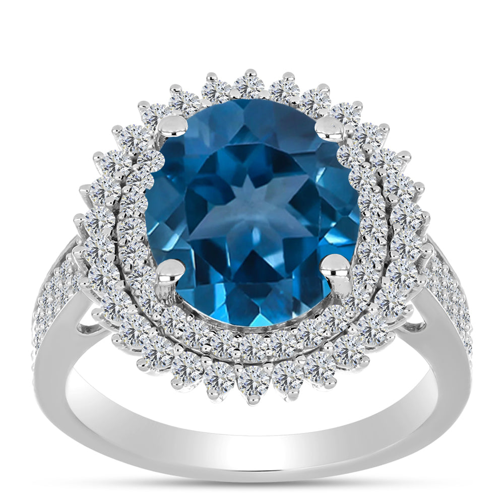 Anillo de Plata con Topacio Azul Londres y Topacio Blanco 3 