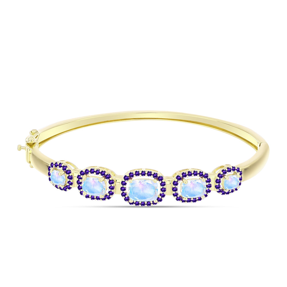 Brazalete de Plata Bañada en Oro con Piedra Lunar Arco Iris y Amatista de Marruecos 1 