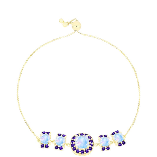 Pulsera de Plata Bañada en Oro con Piedra Lunar Arco Iris y Amatista de Marruecos