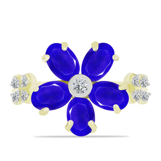 Anillo de Plata Bañada en Oro con Ágata azul y Topacio Blanco