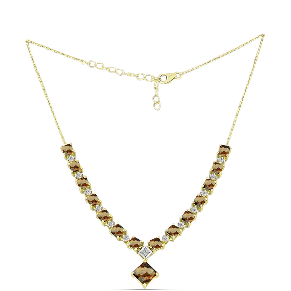 Collar de Plata Bañada en Oro con Cuarzo Coñac y Topacio Blanco 1 