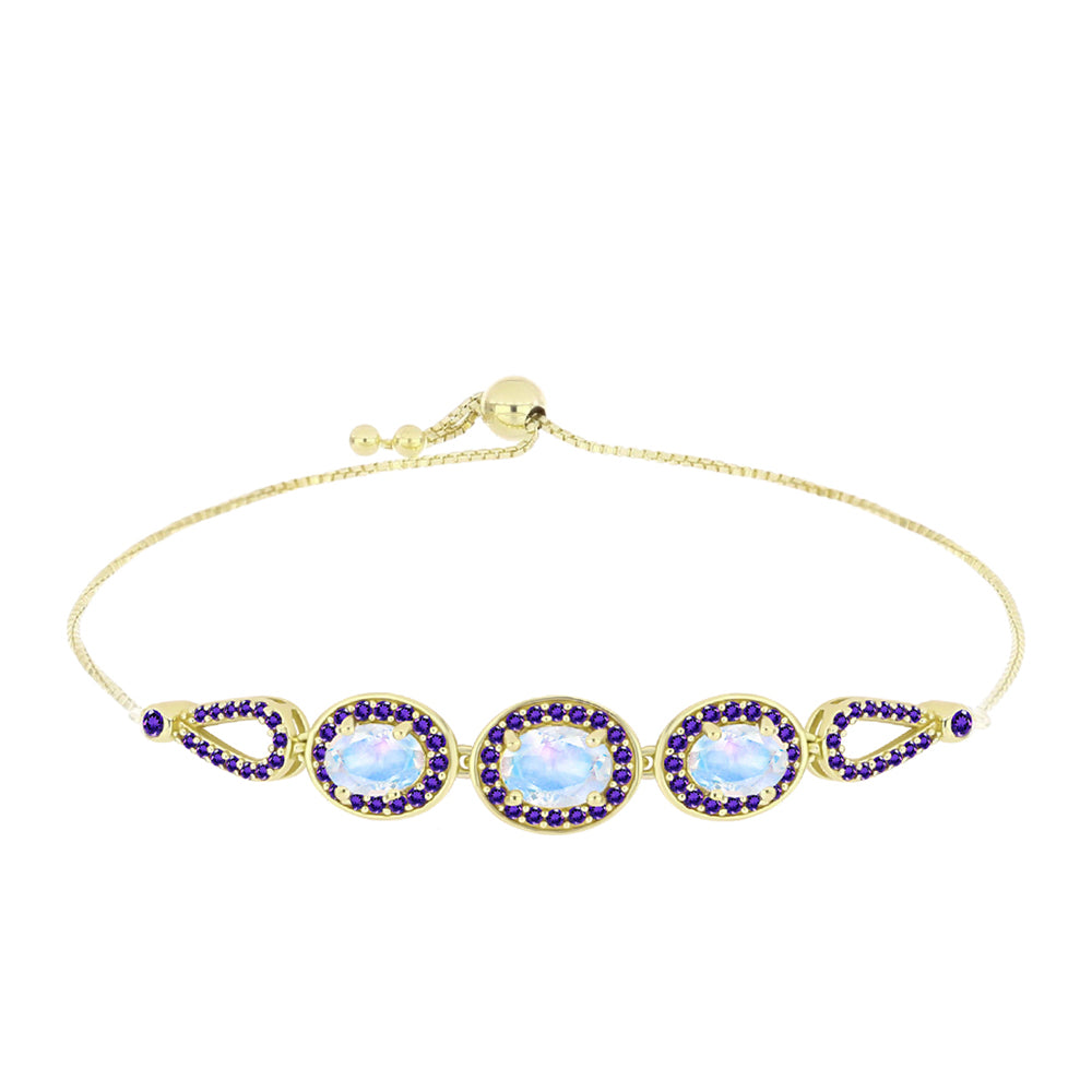 Pulsera de Plata Bañada en Oro con Piedra Lunar Arco Iris y Amatista de Marruecos 1 