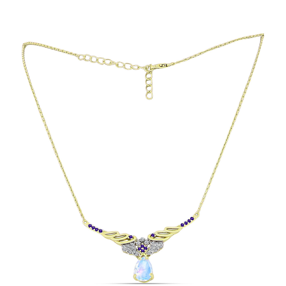 Collar de Plata Bañada en Oro con Piedra Lunar Arco Iris y Amatista de Marruecos 1 