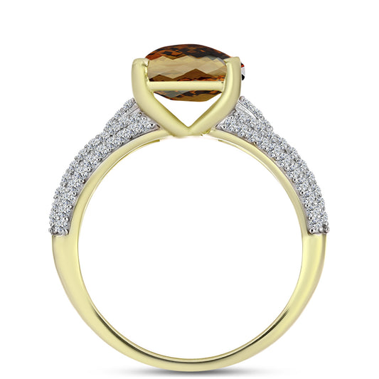 Anillo de Plata Bañada en Oro con Cuarzo Coñac y Topacio Blanco