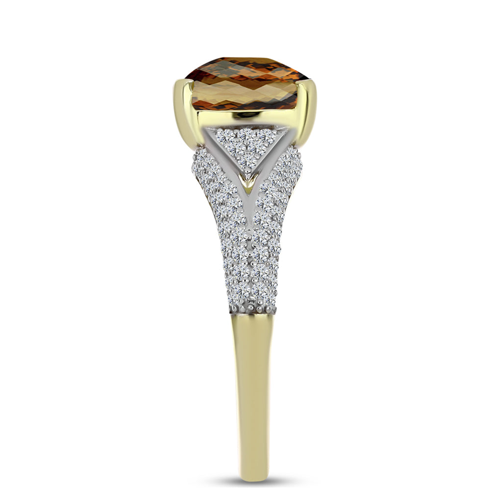 Anillo de Plata Bañada en Oro con Cuarzo Coñac y Topacio Blanco