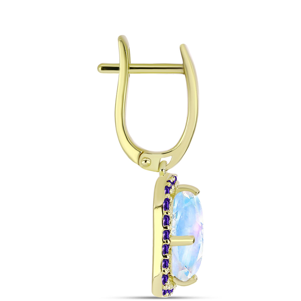 Pendientes de Plata Bañada en Oro con Piedra Lunar Arco Iris y Amatista de Marruecos 2 