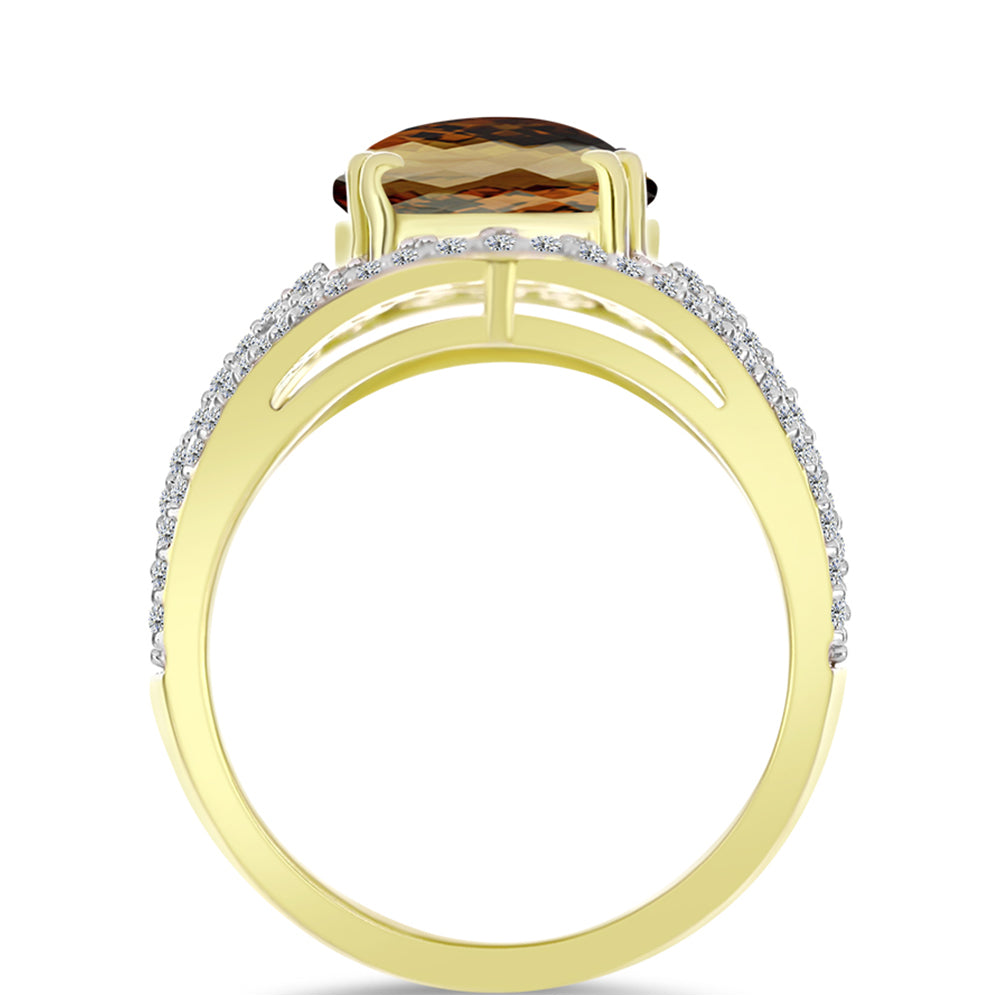 Anillo de Plata Bañada en Oro con Cuarzo Coñac y Topacio Blanco