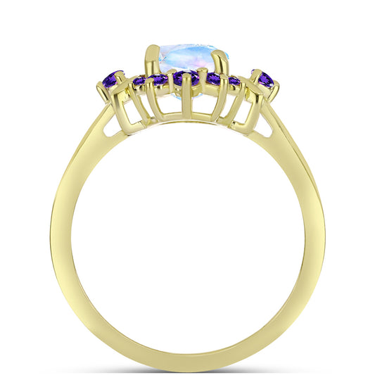 Anillo de Plata Bañada en Oro con Piedra Lunar Arco Iris y Amatista de Marruecos
