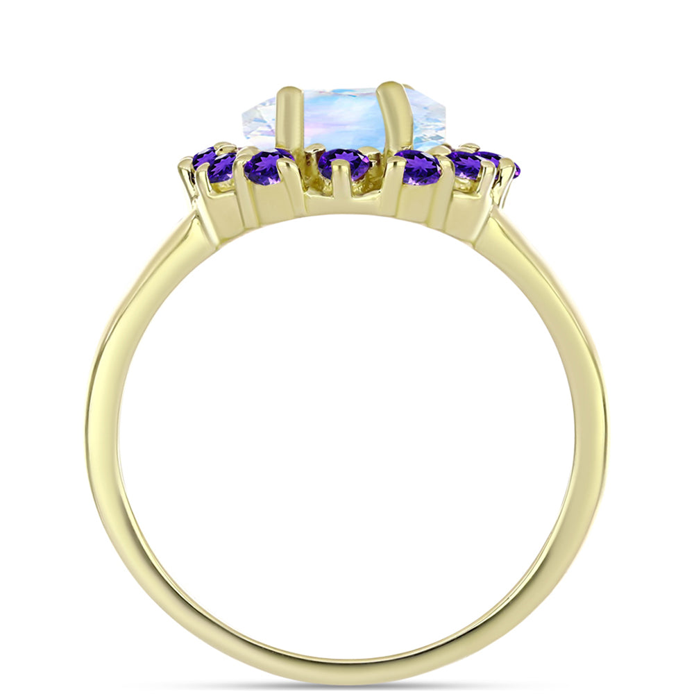 Anillo de Plata Bañada en Oro con Piedra Lunar Arco Iris y Amatista de Marruecos