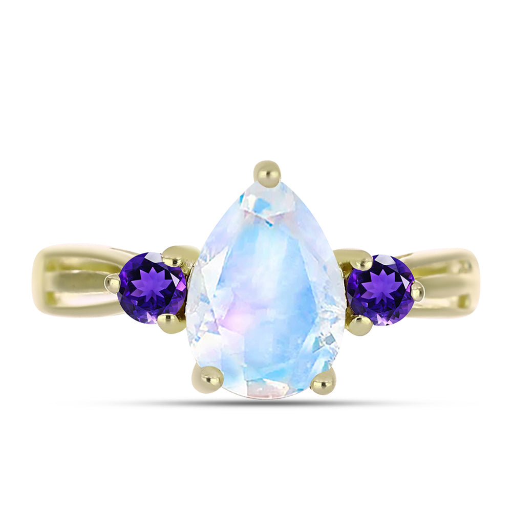 Anillo de Plata Bañada en Oro con Piedra Lunar Arco Iris y Amatista de Marruecos
