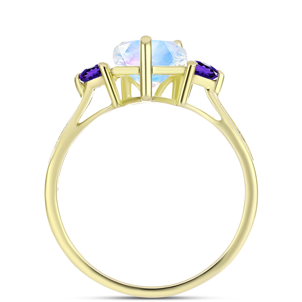 Anillo de Plata Bañada en Oro con Piedra Lunar Arco Iris y Amatista de Marruecos 2 