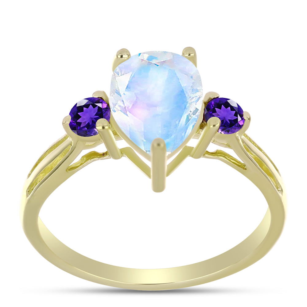 Anillo de Plata Bañada en Oro con Piedra Lunar Arco Iris y Amatista de Marruecos 3 
