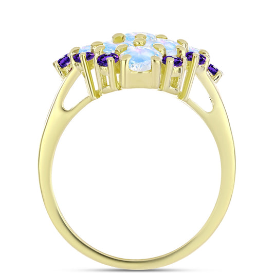 Anillo de Plata Bañada en Oro con Piedra Lunar Arco Iris y Amatista de Marruecos