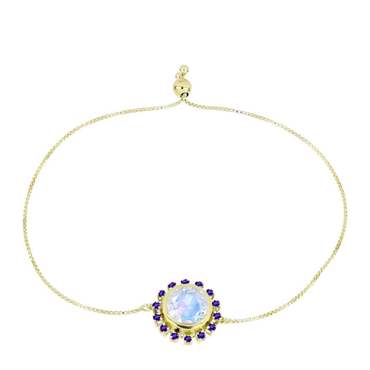 Pulsera de Plata Bañada en Oro con Piedra Lunar Arco Iris y Amatista de Marruecos