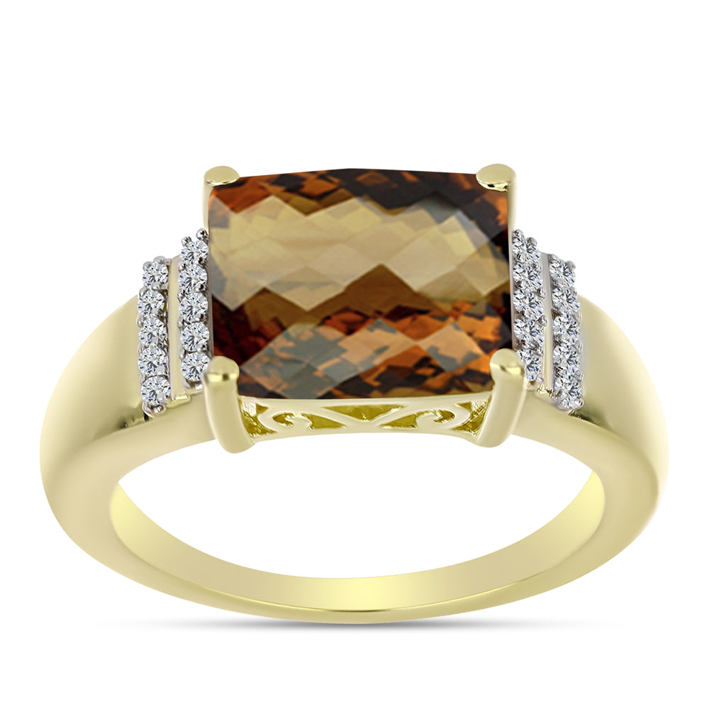 Anillo de Plata Bañada en Oro con Cuarzo Coñac y Topacio Blanco