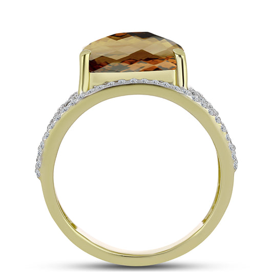 Anillo de Plata Bañada en Oro con Cuarzo Coñac y Topacio Blanco