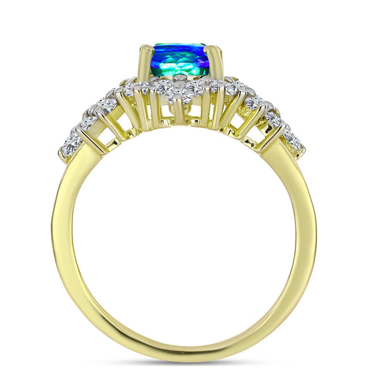 Anillo de Plata Bañada en Oro con Cuarzo Pavo Real y Topacio Blanco