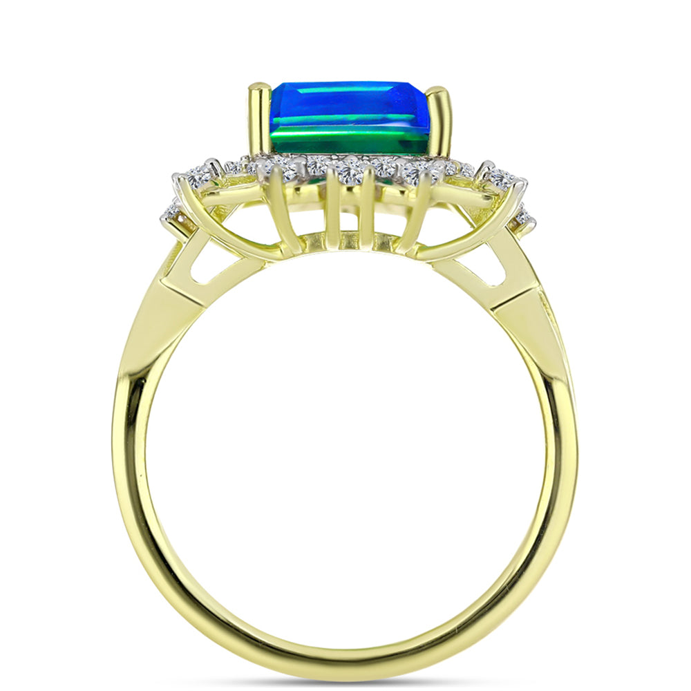 Anillo de Plata Bañada en Oro con Cuarzo Pavo Real y Topacio Blanco