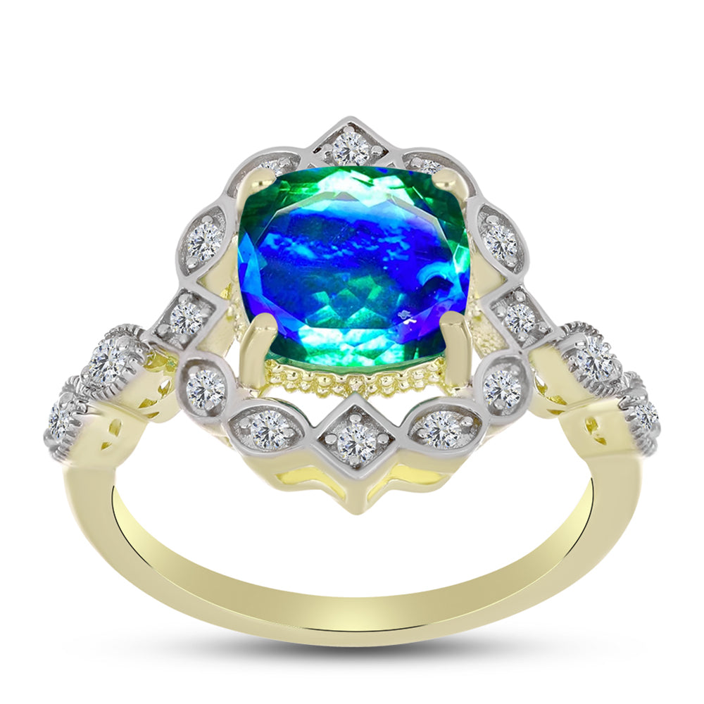 Anillo de Plata Bañada en Oro con Cuarzo Pavo Real y Topacio Blanco 2 