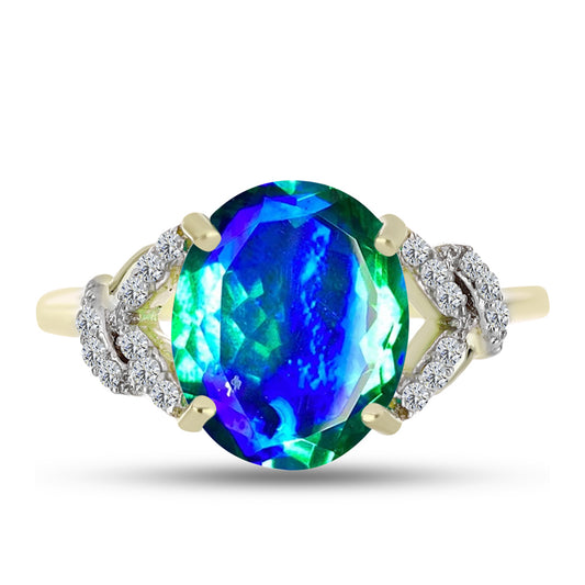 Anillo de Plata Bañada en Oro con Cuarzo Pavo Real y Topacio Blanco