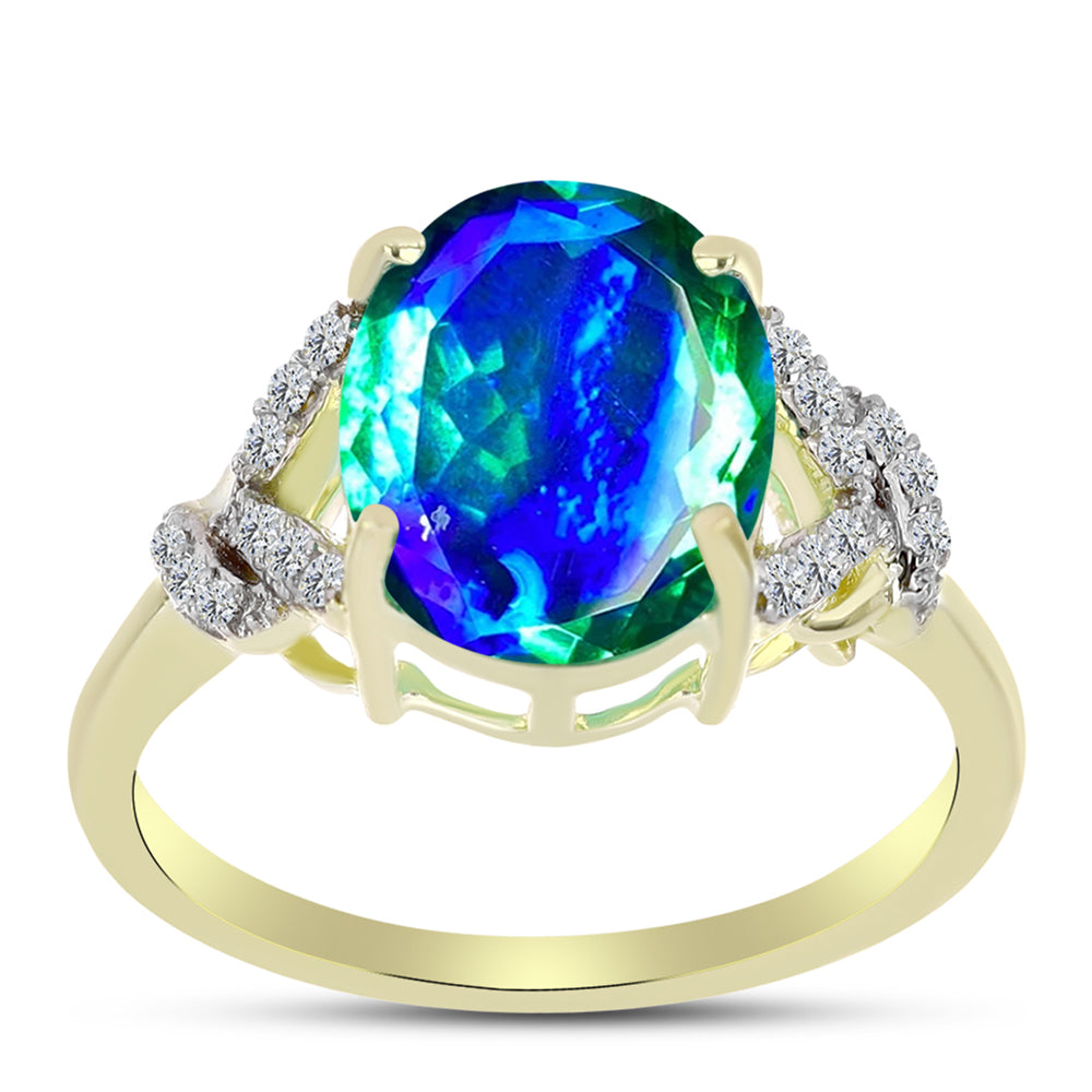 Anillo de Plata Bañada en Oro con Cuarzo Pavo Real y Topacio Blanco 3 