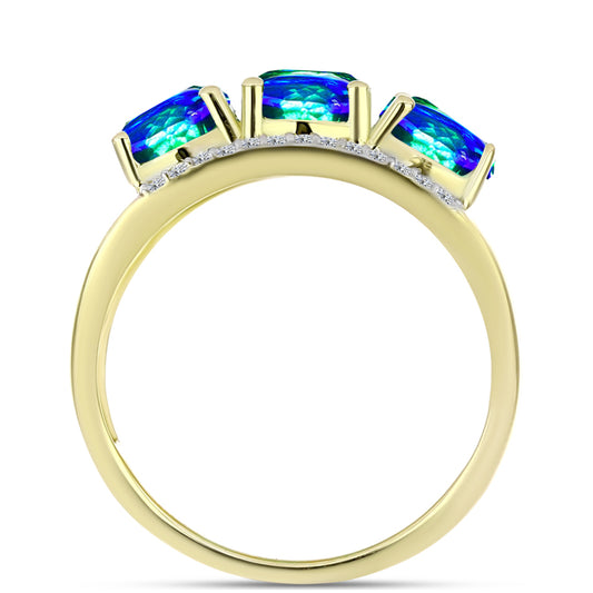 Anillo de Plata Bañada en Oro con Cuarzo Pavo Real y Topacio Blanco