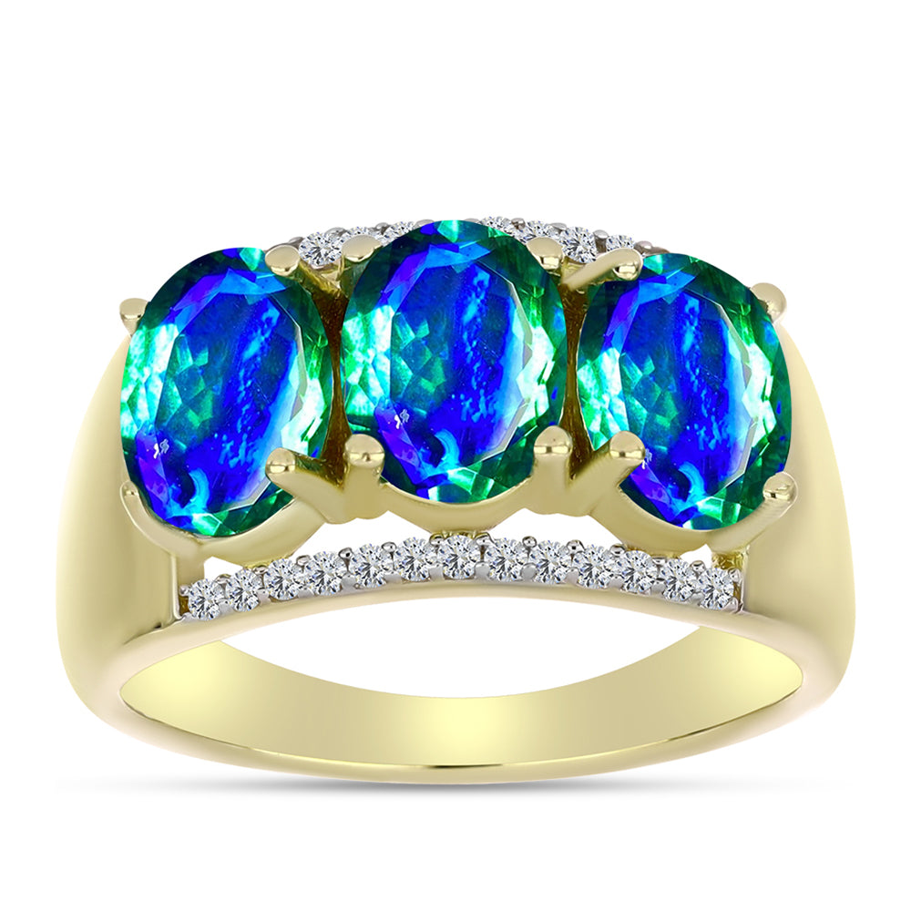 Anillo de Plata Bañada en Oro con Cuarzo Pavo Real y Topacio Blanco