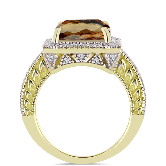 Anillo de Plata Bañada en Oro con Cuarzo Coñac y Topacio Blanco
