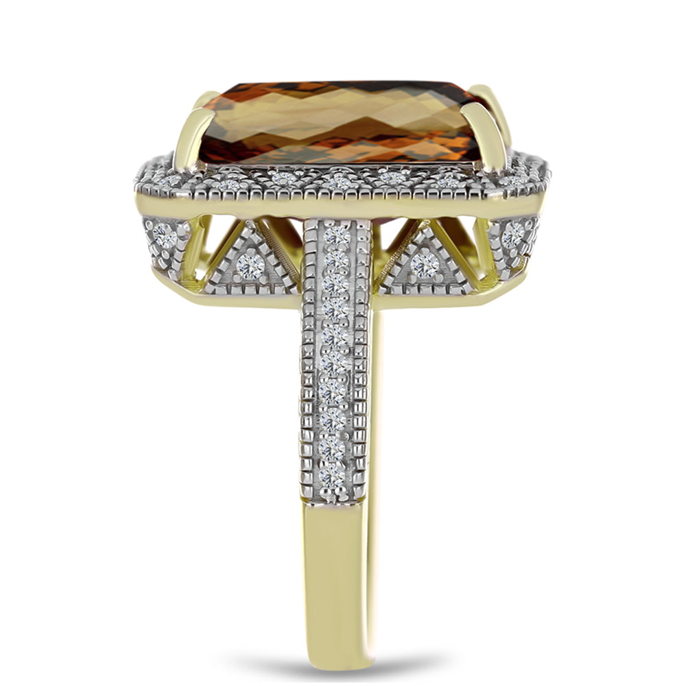 Anillo de Plata Bañada en Oro con Cuarzo Coñac y Topacio Blanco 4 