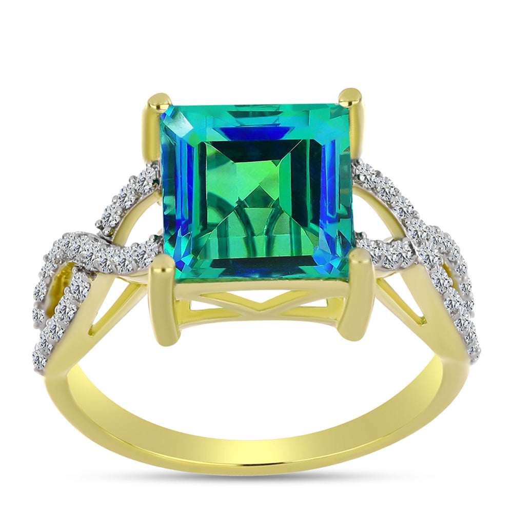 Anillo de Plata Bañada en Oro con Cuarzo Pavo Real y Topacio Blanco