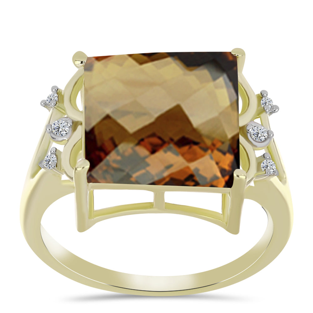 Anillo de Plata Bañada en Oro con Cuarzo Coñac y Topacio Blanco 3 