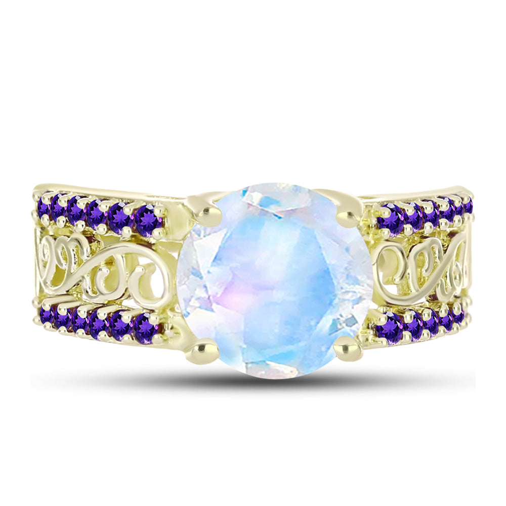 Anillo de Plata Bañada en Oro con Piedra Lunar Arco Iris y Amatista de Marruecos 1 