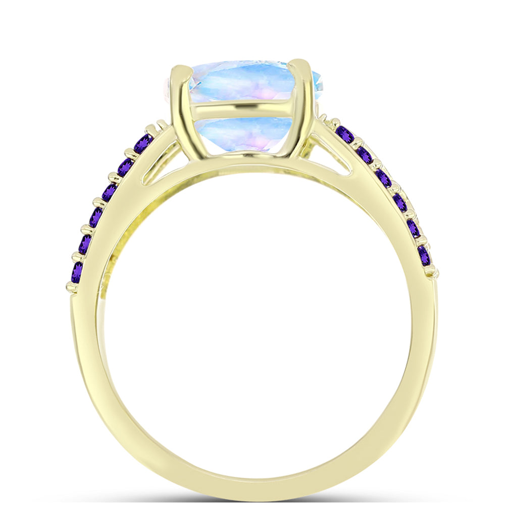 Anillo de Plata Bañada en Oro con Piedra Lunar Arco Iris y Amatista de Marruecos 2 