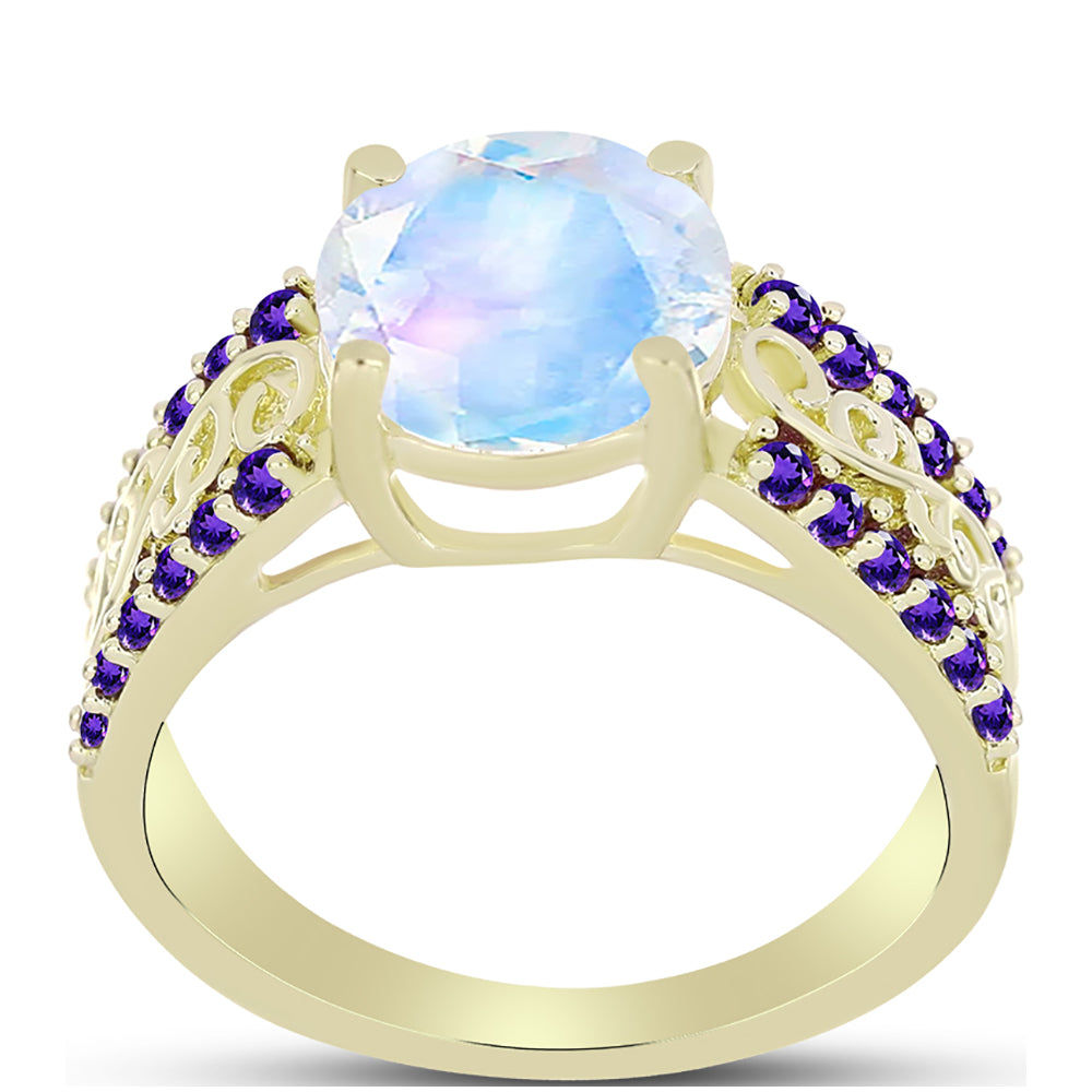 Anillo de Plata Bañada en Oro con Piedra Lunar Arco Iris y Amatista de Marruecos 3 