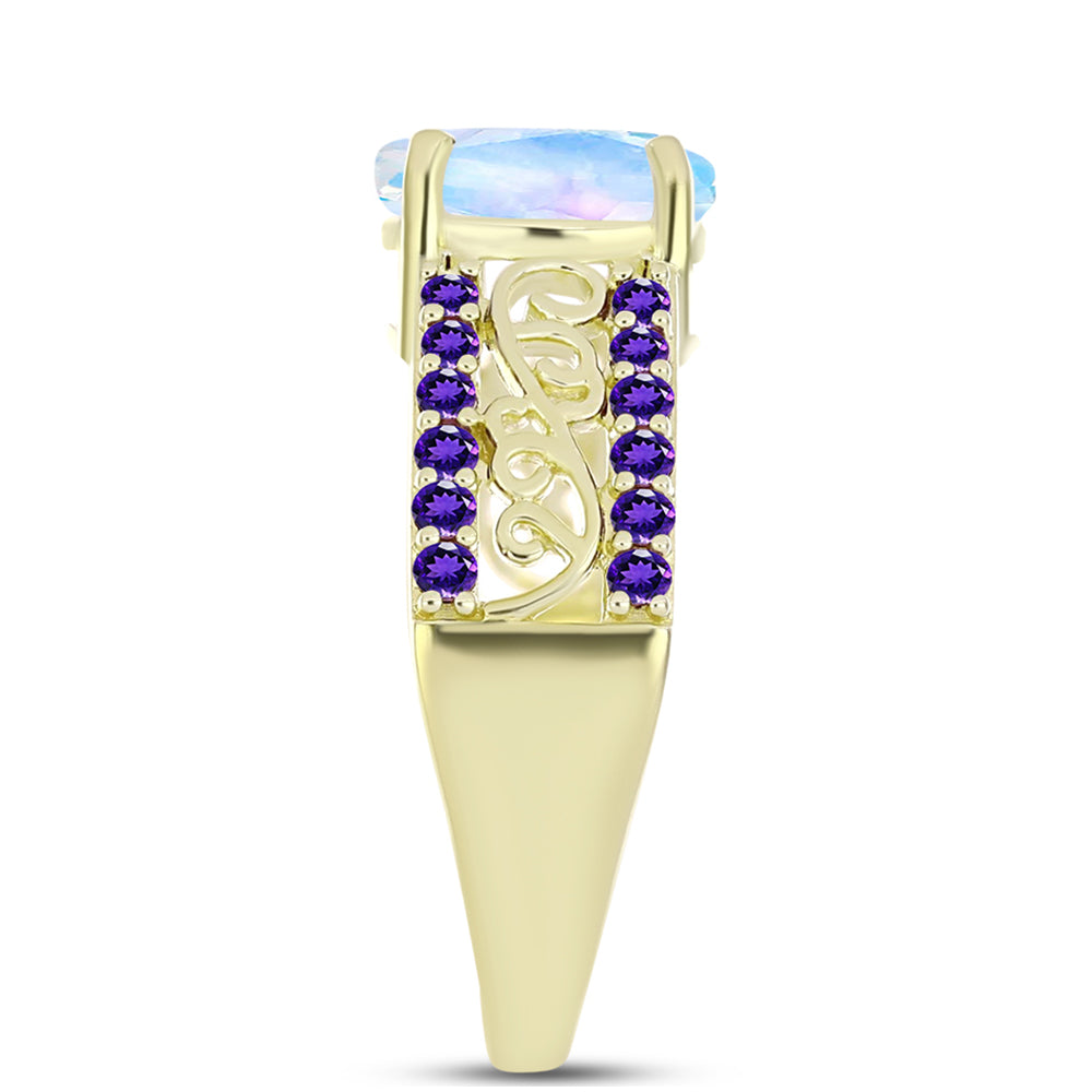 Anillo de Plata Bañada en Oro con Piedra Lunar Arco Iris y Amatista de Marruecos