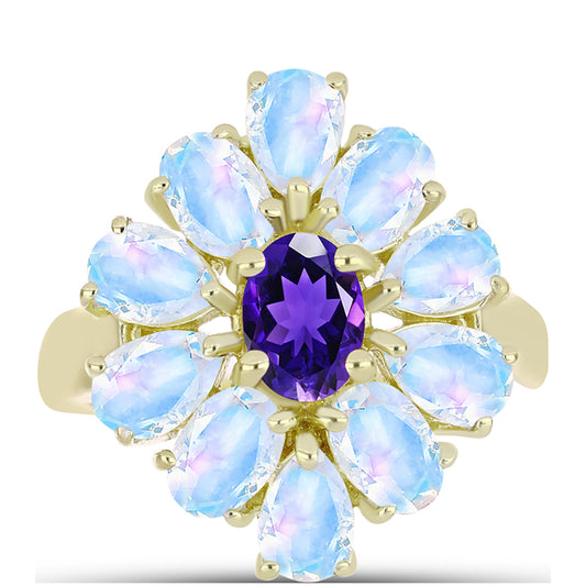 Anillo de Plata Bañada en Oro con Piedra Lunar Arco Iris y Amatista de Marruecos