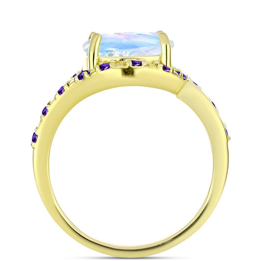 Anillo de Plata Bañada en Oro con Piedra Lunar Arco Iris y Amatista de Marruecos
