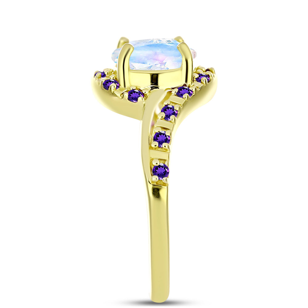 Anillo de Plata Bañada en Oro con Piedra Lunar Arco Iris y Amatista de Marruecos 4 