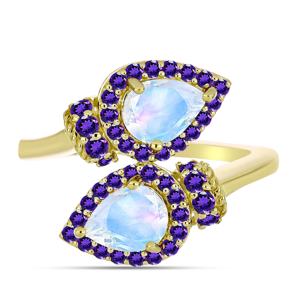 Anillo de Plata Bañada en Oro con Piedra Lunar Arco Iris y Amatista de Marruecos 1 