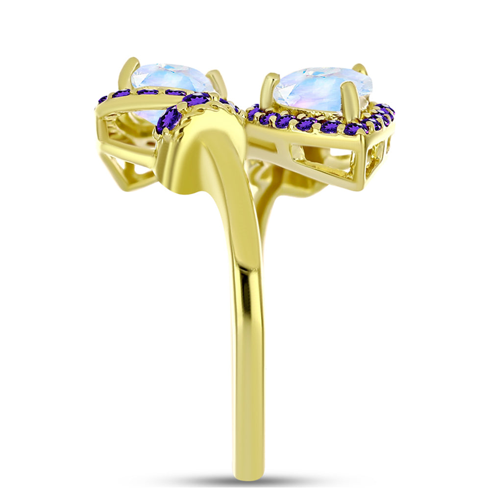 Anillo de Plata Bañada en Oro con Piedra Lunar Arco Iris y Amatista de Marruecos 4 