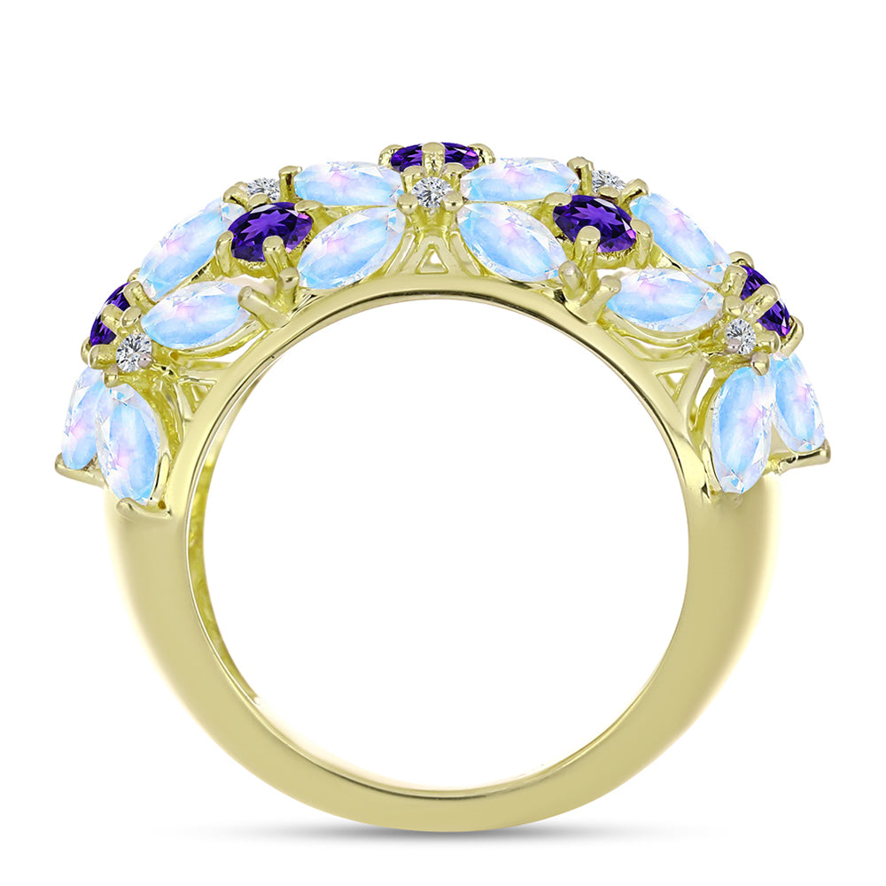 Anillo de Plata Bañada en Oro con Piedra Lunar Arco Iris y Amatista de Marruecos 2 
